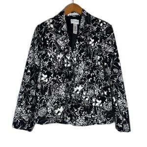 Villager by Liz Claiborne Black Floral Maximal Cotton Blazer Jacket Size 12